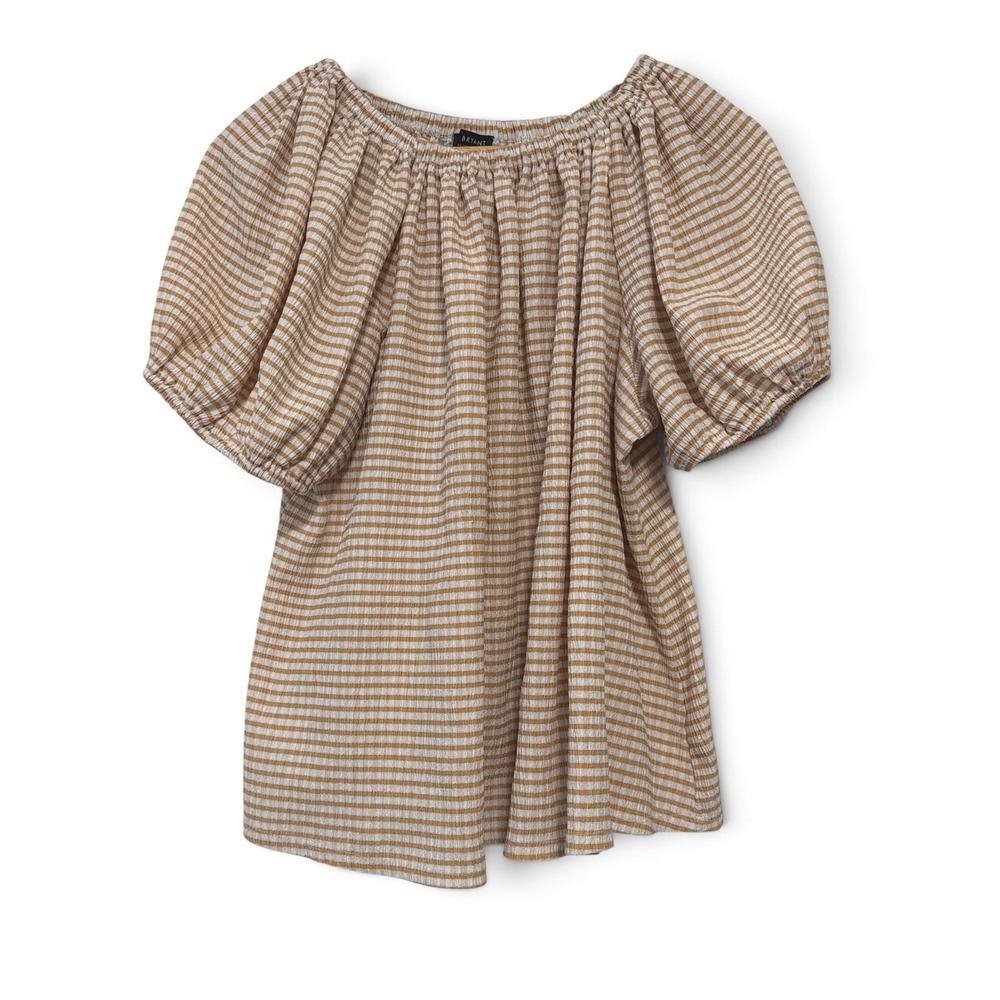 Lane Bryant Tan White Striped Puff Sleeve Blouse Plus Size 22/24 Scoop Neck